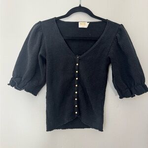 Nation LTD Black Puff Sleeve Smocked Button Front Pima Cotton Quiet Luxury S